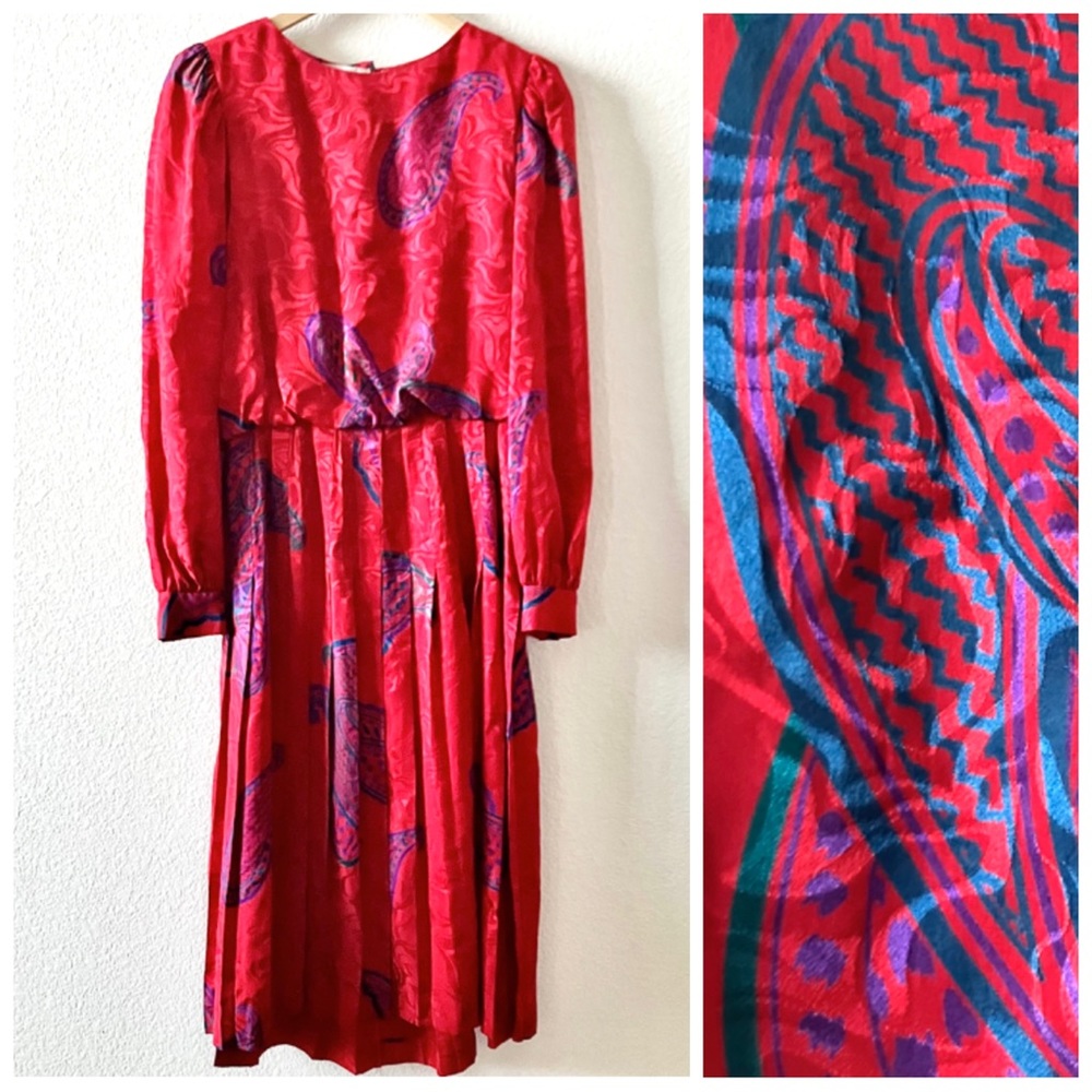 Adrianna Papell 100% Silk 90s Boho Paisley Long Puff Sleeve Pleated Midi Dress 8